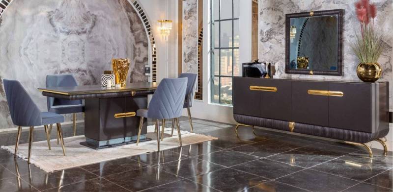 Xlmoebel Esszimmer-Set Modernes Designer-Set – 7tlg, Edelstahl-Tisch & Kommode, (7tlg.Esszimmer Set(Esstisch + 4x Stühle + Kommode + Spiegel), Hergestellt in Europa von Xlmoebel