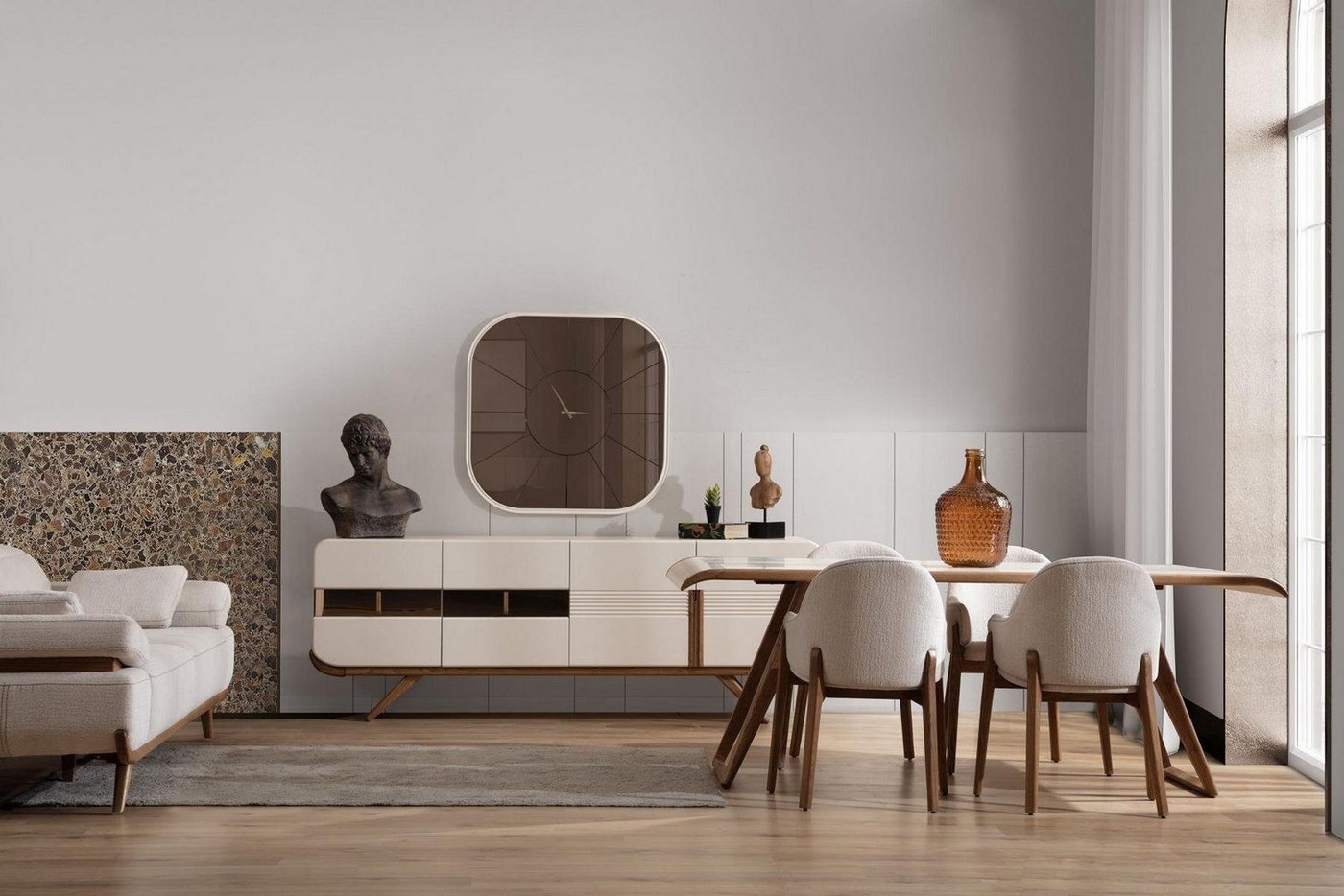 Xlmoebel Esszimmer-Set Modernes Esszimmer-Set 9-tlg: Tisch, 6 Stühle & Anrichte, (9-St., 9tlg.Esszimmer Set (Esstisch+6x Stühle+Anrichte+Spiegel), Hergestellt in Europa von Xlmoebel