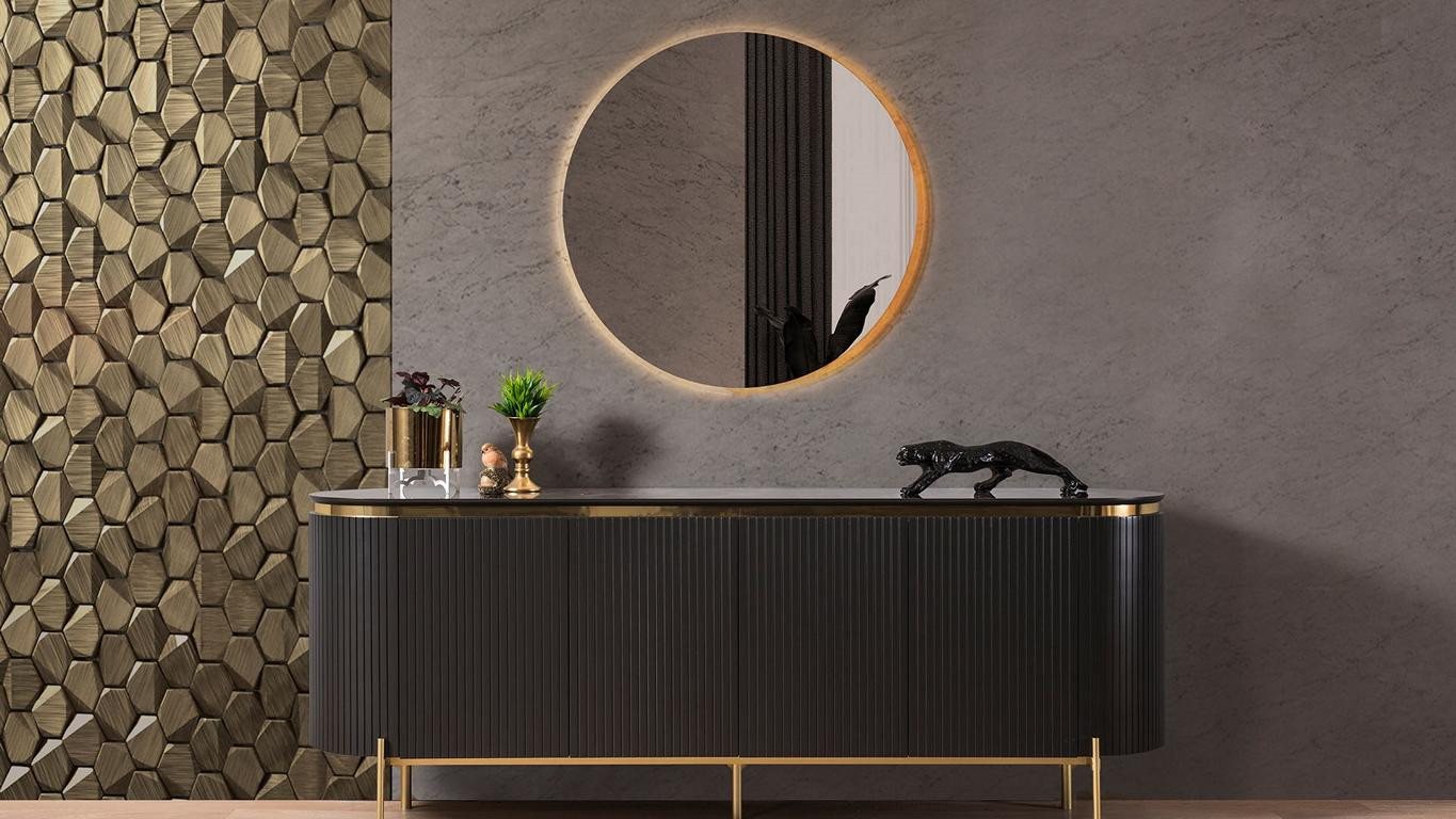 Xlmoebel Esszimmer-Set Modernes Esszimmer-Set mit schwarzer Anrichte und Spiegel, 2-teilig., (2tlg.Esszimmer Set (Anrichte+Spiegel), Hergestellt in Europa von Xlmoebel