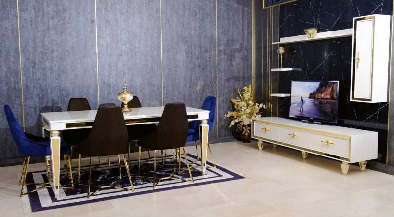 Xlmoebel Esszimmer-Set Modernes Set mit Esstisch, 6 Stühlen, TV-Ständer und Wandregal, (9-St., 9tlg. Esszimmer Set (Esstisch+6X Stühle+TV-Ständer + Wandregal), Hergestellt in Europa von Xlmoebel