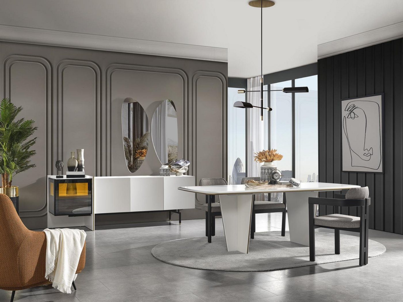 Xlmoebel Esszimmer-Set Neues 8-teiliges Esszimmer-Set aus Holz mit Tisch und 4 Stühlen, (8tlg.Esszimmer Set(Tisch + 4x Stühle + Anrichte + 2x Spiegel), Hergestellt in Europa von Xlmoebel