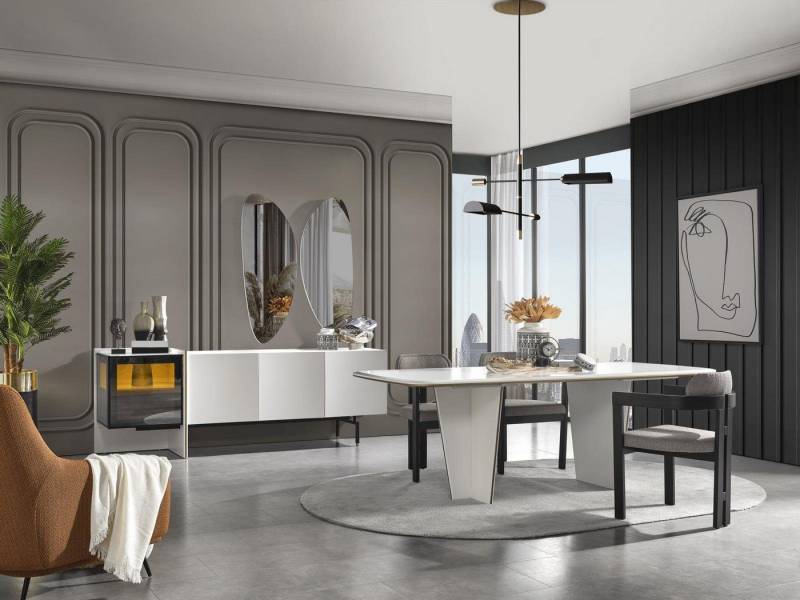 Xlmoebel Esszimmer-Set Neues 8-teiliges Esszimmer-Set aus Holz mit Tisch und 4 Stühlen, (8tlg.Esszimmer Set(Tisch + 4x Stühle + Anrichte + 2x Spiegel), Hergestellt in Europa von Xlmoebel