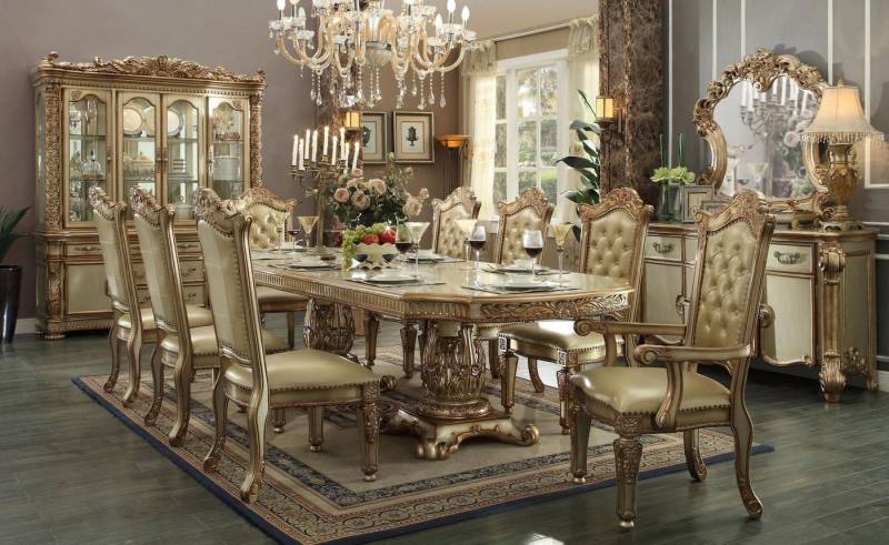 Xlmoebel Esszimmer-Set Set Garnitur Vitrine Tisch 8x Stühle Kommode Spiegel Barock 12tlg., (12-St., Esstisch + 8x Stühle + Vitrine + Buffet + Spiegel), Hergestellt in Europa von Xlmoebel