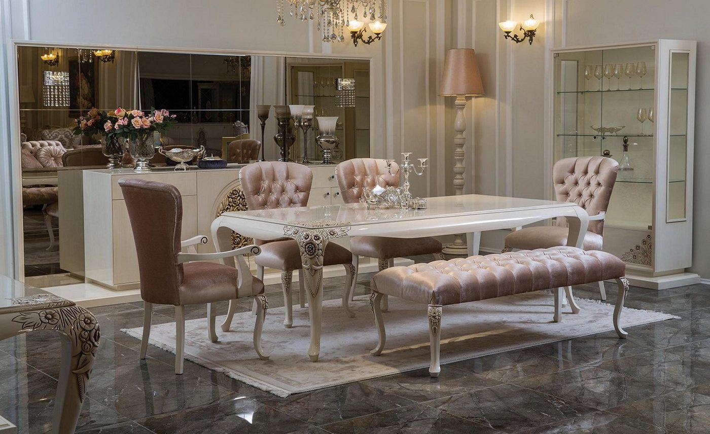 Xlmoebel Esszimmer-Set Tisch, Stühlen und Hockern, klassisches Design, (Set 6tlg.(Esstisch + 2x Stühle mit Armlehne + 2x Stühle + Hocker), Hergestellt in Europa von Xlmoebel
