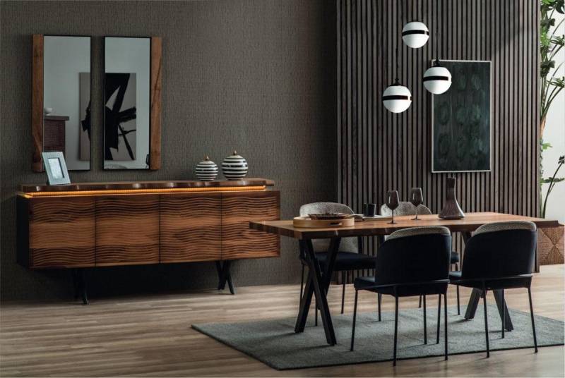 Xlmoebel Esszimmer-Set Vollständige Schwarz-Braune Essgruppe mit Designer Holztisch, (10-St., Set 10tlg Esszimmer (Esstisch + 6x Stühle + Sideboard + 2x Spiegel), Hergestellt in Europa von Xlmoebel
