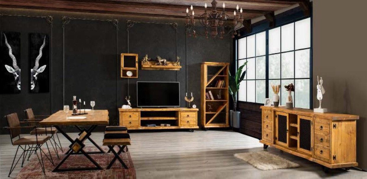 Xlmoebel Esszimmer-Set Wohnzimmer Esszimmer Möbel-Set aus Massivholz mit 4-teiliger, (6-St., 4tlg. Esszimmer Set (Esstisch + Essbank + Anrichte + Wohnwand), Hergestellt in Europa von Xlmoebel