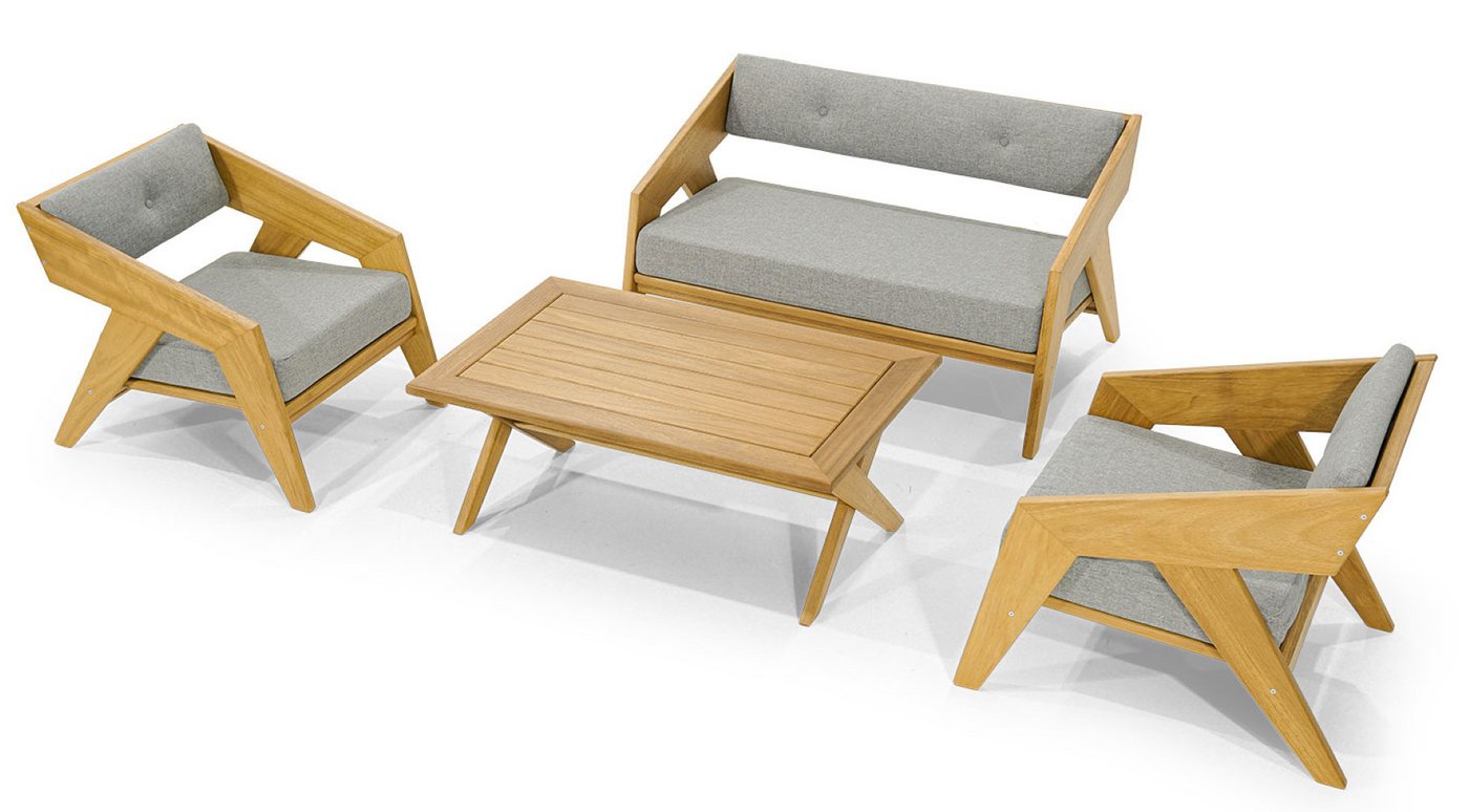 Xlmoebel Gartenlounge-Set Designer Gartenmöbel-Set in grau mit 2 Holzsesseln und Tisch, (4tlg Gartenmöbel (2-Sitzer Bank + 2x Sessel + Couchtisch), Hergestellt in Europa von Xlmoebel