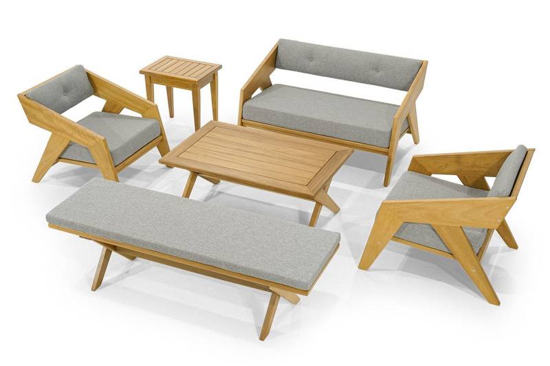 Xlmoebel Gartenlounge-Set Elegante Gartenmöbel-Set in Hellgrau mit Designer Sitzbank, (Zweisitzersofa + 2 Sessel + Bank + Couchtisch + Beistelltisch), Hergestellt in Europa von Xlmoebel