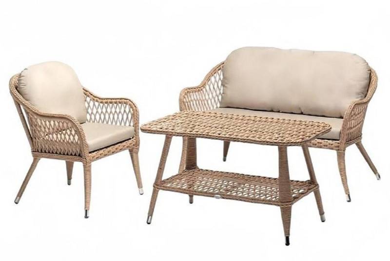Xlmoebel Gartenlounge-Set Exklusive Moderne Beige Gartenmöbel Luxus Couchgarnitur Tisch Stuhl, (3tlg Set(Sofa 2 Sitzer+Sessel+Couchtisch), Hergestellt in Europa von Xlmoebel