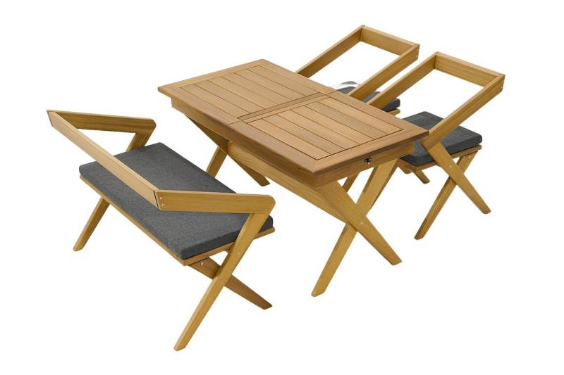 Xlmoebel Gartenlounge-Set Gartenmöbel-Set in dunkelbrauner Farbe mit Designer-Polsterung, (4tlg Gartenmöbel (Esstisch + 2x Stühle + Bank), Hergestellt in Europa von Xlmoebel