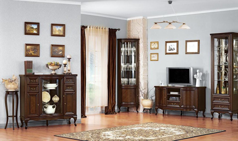 Xlmoebel Glasvitrine Traditionelles Wohnzimmer-Ensemble in Braun mit Glasvitrine, (4tlg Wohnzimmer Set (Vitrine + TV-Lowboard + Eckvitrine + Kommode) Hergestellt in Europa von Xlmoebel