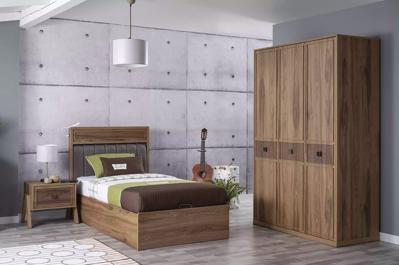 Xlmoebel Jugendzimmer-Set Holzbett mit integriertem Stauraum Jugendbett Set in Braun 3-teilig, (Kinderzimmer Set 3tlg (Bett + Nachttisch + Kleiderschrank), Hergestellt in Europa von Xlmoebel