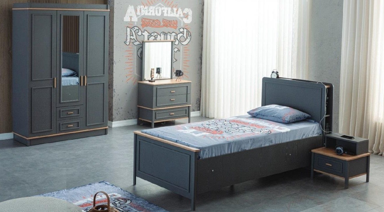 Xlmoebel Jugendzimmer-Set Kinderzimmer Möbel Set Bett Grau Holz 5-teilig, (5-tlg., Kinderbett, Nachttisch, Kleiderschrank, Kommode, Spiegel), Hergestellt in Europa von Xlmoebel