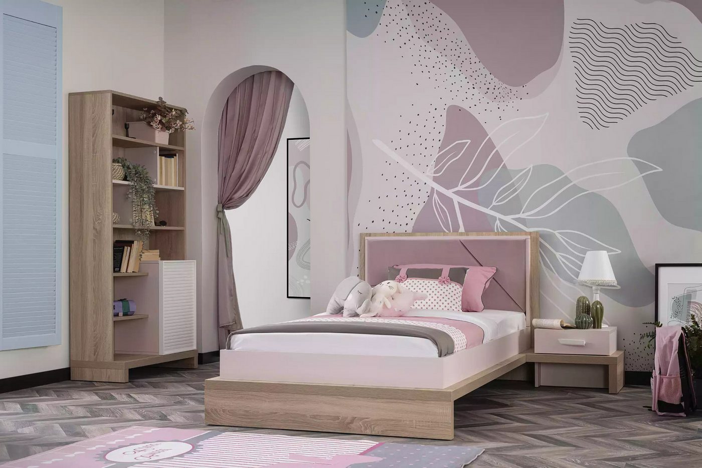 Xlmoebel Jugendzimmer-Set Kinderzimmermöbel-Set Kinderbett aus Holz in Rosa, 3-teilig., (3-tlg., Kinderzimmer Set 3tlg (Bett + Nachttisch + Bücherregal), Hergestellt in Europa von Xlmoebel