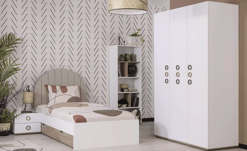 Xlmoebel Jugendzimmer-Set Neues 4-teiliges Schlafzimmer-Set aus weißem Holz, (4-tlg., Bett, Bücherregal, Kleiderschrank, Nachttisch), Hergestellt in Europa von Xlmoebel