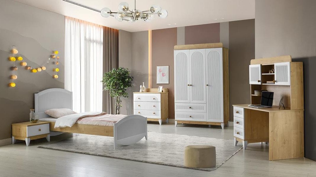 Xlmoebel Jugendzimmer-Set Schlafzimmer-Set in Weiß Bett + Nachttisch + Kleiderschrank + Kommode, (4tlg. Set (Bett + Nachttisch + Kommode + Kleiderschrank), Hergestellt in Europa von Xlmoebel