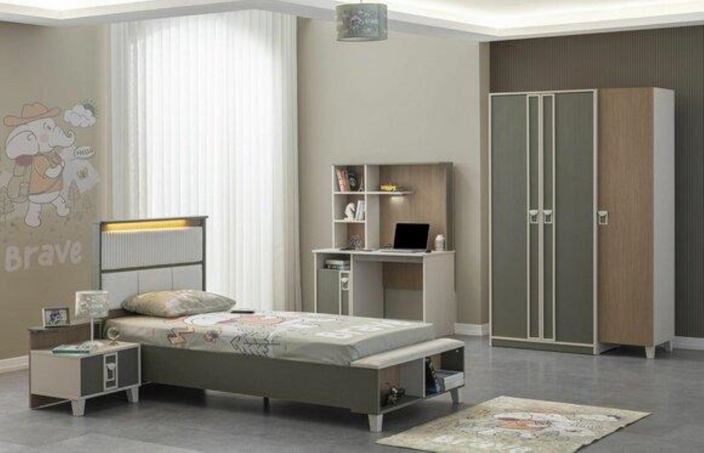 Xlmoebel Jugendzimmer-Set Garnitur Jugendzimmer Bett Kinderlage Möbel Grau Holz 4-teilig, (4-tlg., Kinderbett, Nachttisch, Kleiderschrank, Schreibtisch), Hergestellt in Europa von Xlmoebel