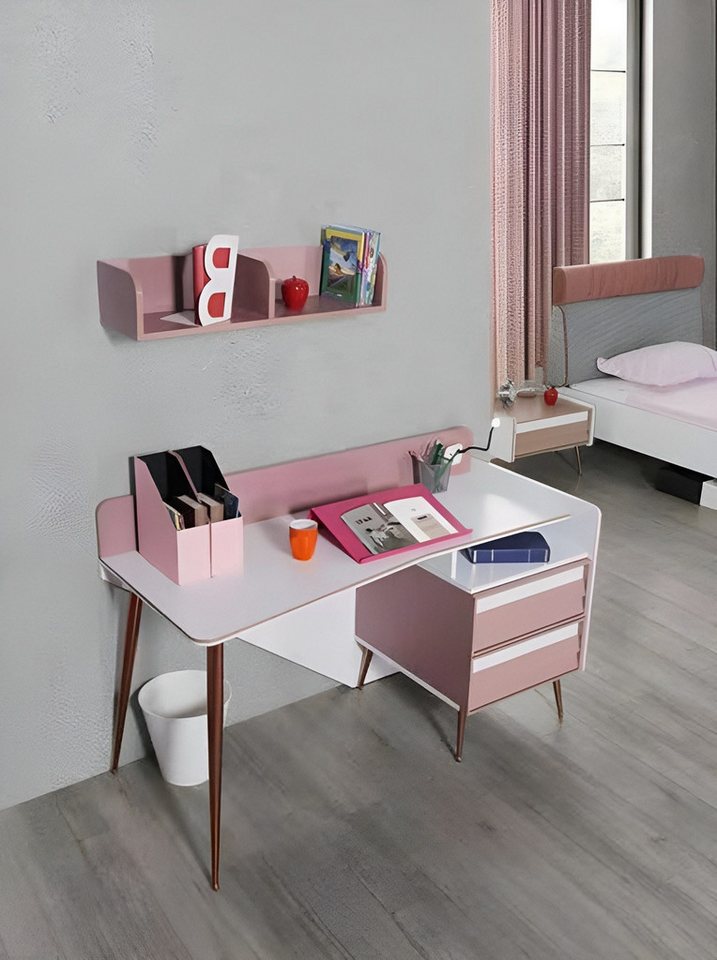 Xlmoebel Kinderschreibtisch Rosa Holz Schreibtisch mit Regal - Jugendzimmermöbel im Designstil (Schreibtisch + Wandregal), Hergestellt in Europa von Xlmoebel