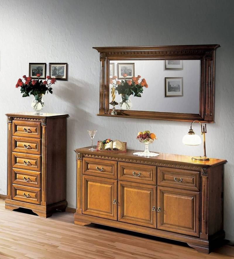 Xlmoebel Kombikommode 3-teiliges klassisches Landhaus-Set in Braun aus Holz mit Schrank (3tlg Set Schrank + Spiegel + Kommode), Hergestellt in Europa von Xlmoebel