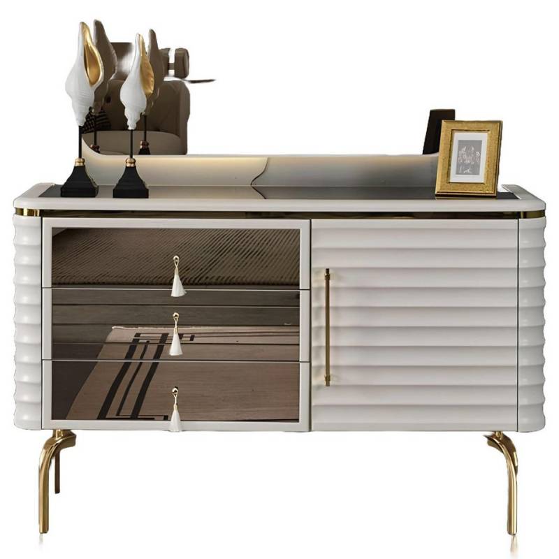 Xlmoebel Kombikommode Elegantes Weißes Sideboard Mit Rundem LED-Spiegel Schlafzimmer Set (2tlg.Schlafzimmer Set (Kommode + Spiegel), Hergestellt in Europa von Xlmoebel