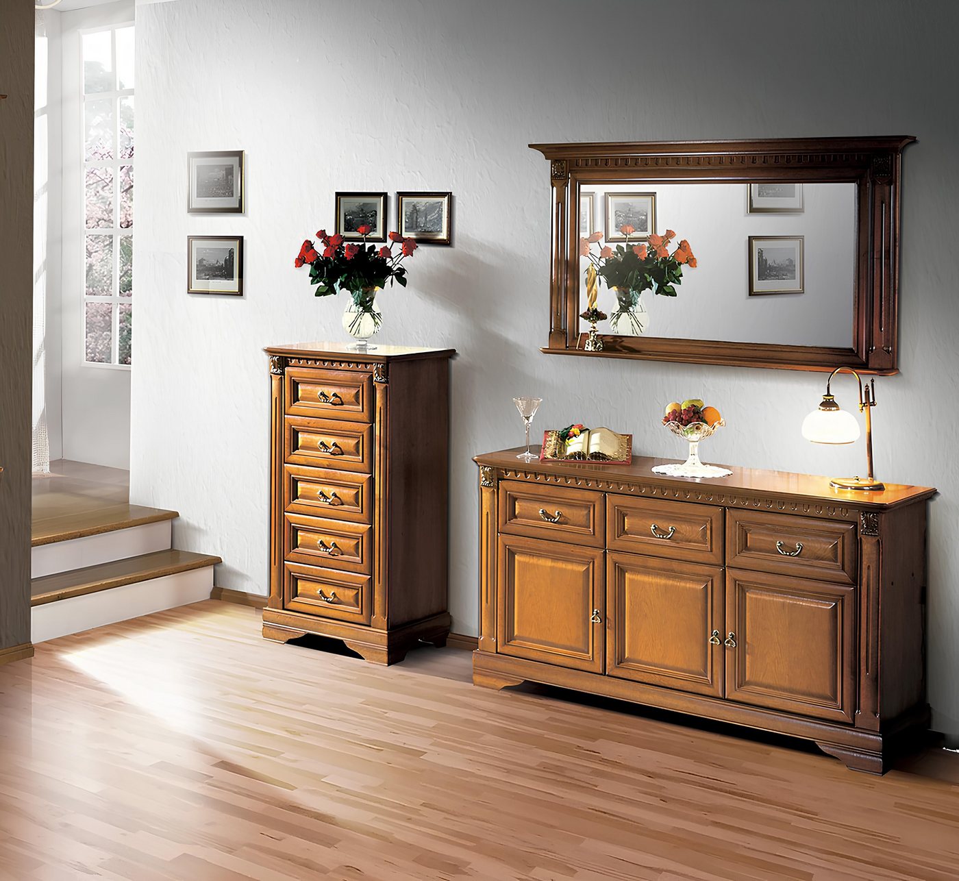 Xlmoebel Kommode Landhaus-Stil Kommode mit Spiegel 160cm - Holz Sideboard Möbel (2tlg Kommode + Spiegel), Hergestellt in Europa von Xlmoebel