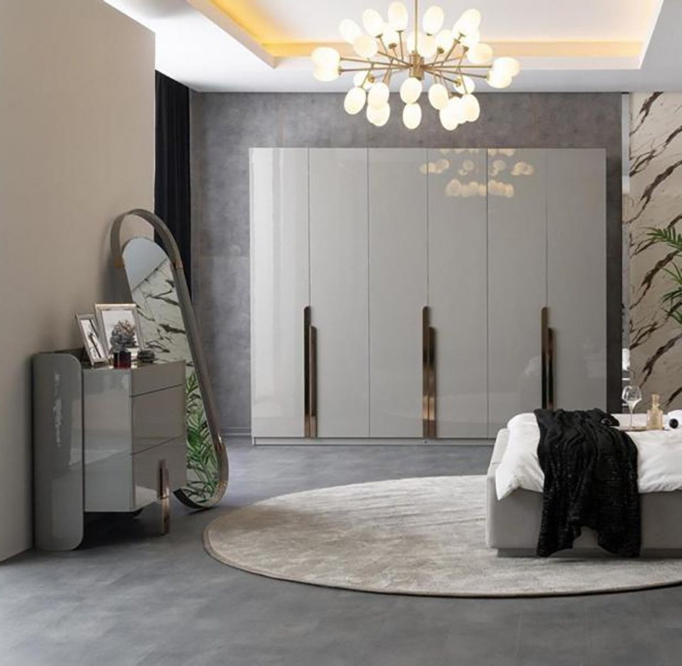 Xlmoebel Schlafzimmer-Set Spiegel-Kommode Kleiderschrank in Hochglanz-Optik aus Edelstahl, (3-tlg., Schubkastenkommode + Standspiegel + Kleiderschrank), Hergestellt in Europa von Xlmoebel
