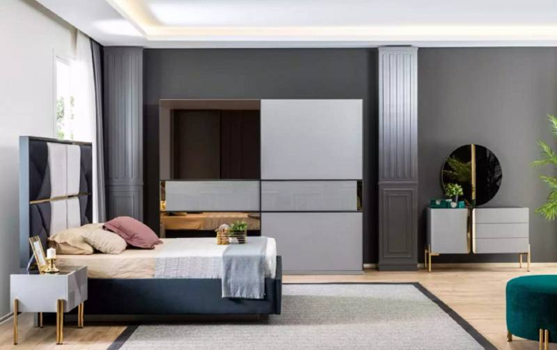 Xlmoebel Komplettschlafzimmer Blau-Weiß Schlafzimmermöbel Set Bett, Schrank, Spiegel, Kommode 6tlg., (6-tlg., 1x Bett + 2x Nachttische + 1x Kleiderschrank + 1x Spiegel + 1x Kommode), Hergestellt in Europa von Xlmoebel