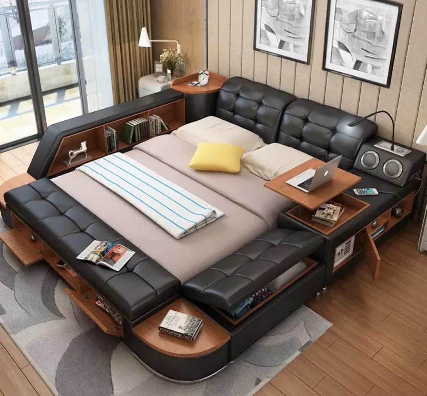 Xlmoebel Multimediabett Neues Doppelbett im luxuriösen Design aus Leder für moderne Hotels (Multifunktions Bett), Hergestellt in Europa von Xlmoebel