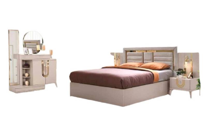 Xlmoebel Schlafzimmer-Set Beige Schlafzimmer-Set mit Polsterbett und 2 Holz-Nachttischen, (4-tlg., Schlafzimmer-Set), Hergestellt in Europa von Xlmoebel