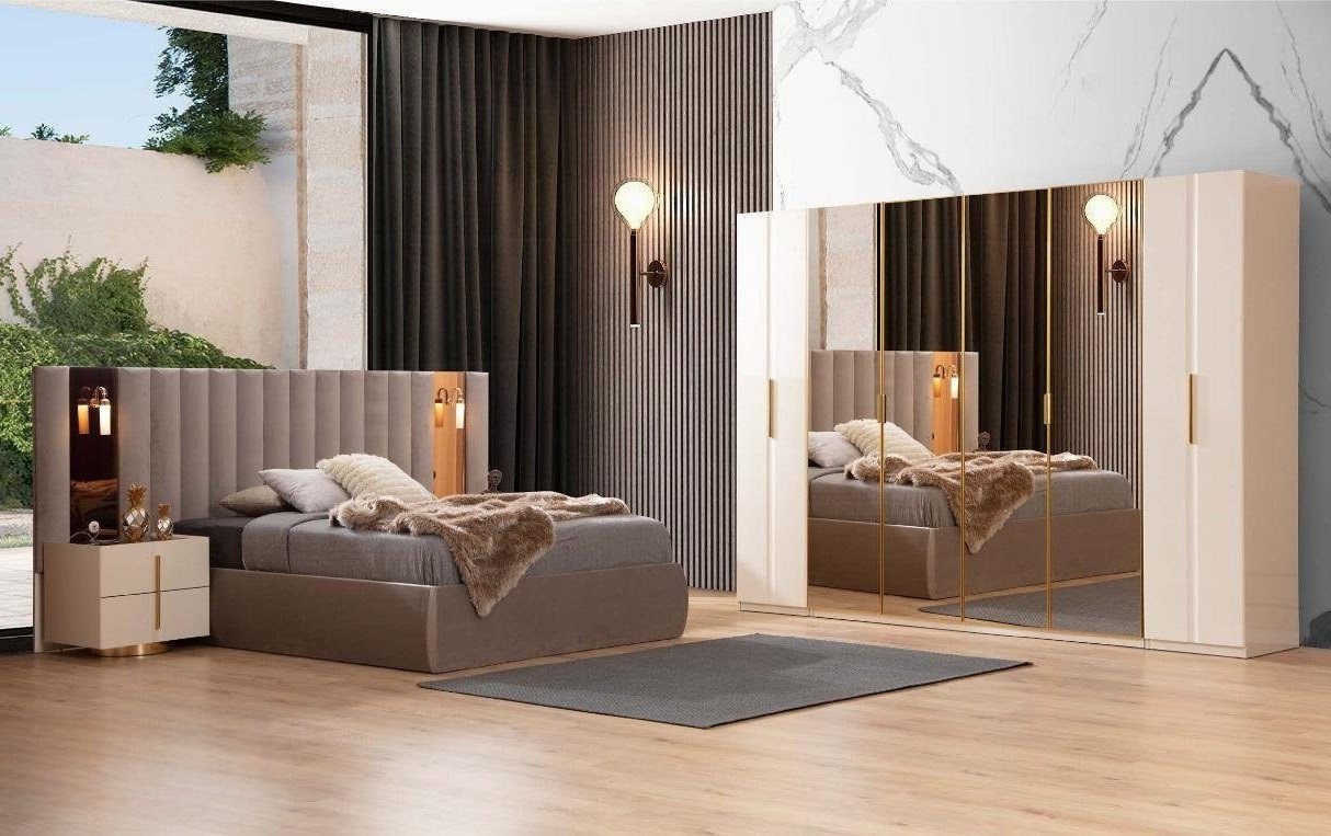 Xlmoebel Schlafzimmer-Set Beiges Designer-Schlafzimmer mit Bett, Schrank und Nachttisch, (4-tlg., 4tlg.Schlafzimmer Set (Bett+2x Nachttische+Kleiderschrank), Hergestellt in Europa von Xlmoebel