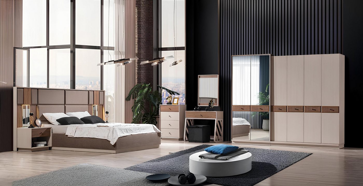 Xlmoebel Schlafzimmer-Set Beiges Schlafzimmer-Ensemble mit Designer-Doppelbett, Schminktisch, (Bett), Hergestellt in Europa von Xlmoebel