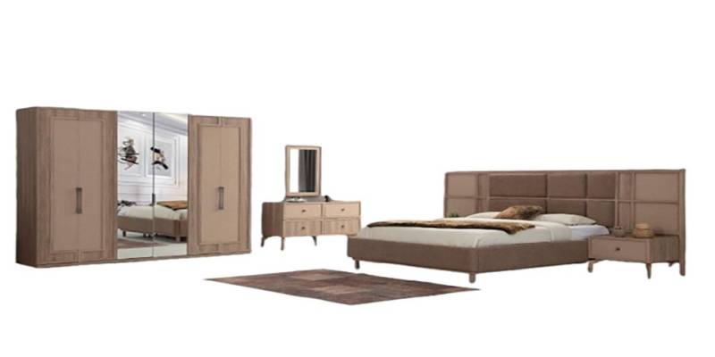 Xlmoebel Komplettschlafzimmer Beiges Schlafzimmer-Set mit gepolstertem Bett, 2 Nachtkommode, (5-tlg., Bett + 2x Nachttische + Schminktisch + Kleiderschrank), Hergestellt in Europa von Xlmoebel