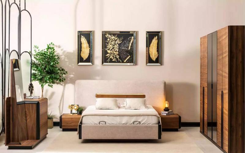 Xlmoebel Komplettschlafzimmer Bett+2x Nachtschrank 5-teiliges Designer Luxus Schlafzimmer Set, (5-tlg., Bett/2x Nachttische/Kleiderschrank/Kommode mit Spiegel), Hergestellt in Europa von Xlmoebel