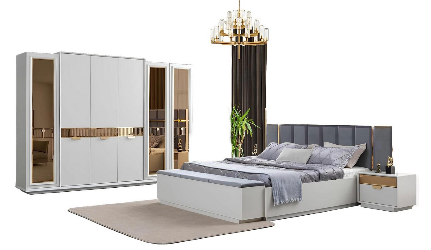 Xlmoebel Schlafzimmer-Set Bett und Nachttische Set mit verspiegeltem Kleiderschrank Bank, (Schlafzimmer-Set), Hergestellt in Europa von Xlmoebel