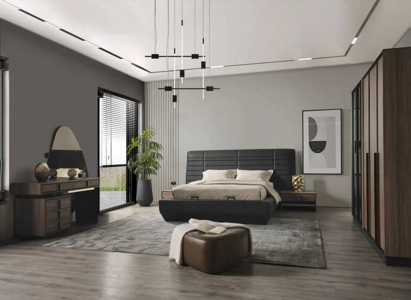 Xlmoebel Komplettschlafzimmer Braun Schlafzimmer Bett 2x Nachttisch Design Komplett, (5-tlg., Bett / 2x Nachttische / Schminktisch mit Spiegel), Hergestellt in Europa von Xlmoebel