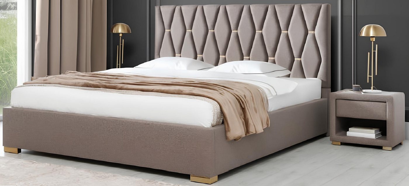 Xlmoebel Schlafzimmer-Set Braunes Stoffbett mit Designer-Polstern und Nachttischen im Set, (3tlg.Schlafzimmer Set (Bett + 2x Nachttische), Hergestellt in Europa von Xlmoebel