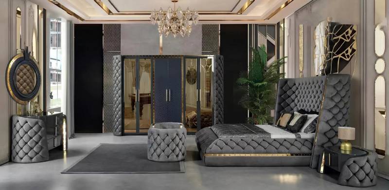 Xlmoebel Komplettschlafzimmer Chesterfield Schlafzimmer Möbel Set mit Doppelbett, zwei Nachttischen, (6-tlg., Schlafzimmer-Set), Hergestellt in Europa von Xlmoebel