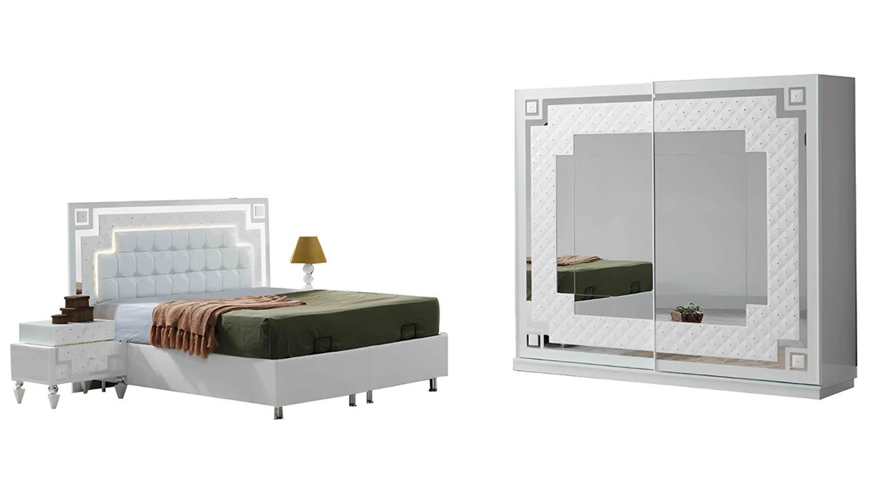 Xlmoebel Schlafzimmer-Set Designer Bett mit zwei Nachttischen und Glasschrank für das, (Set 4tlg Schlafzimmer (Bett + 2x Nachttische + Kleiderschrank), Hergestellt in Europa von Xlmoebel