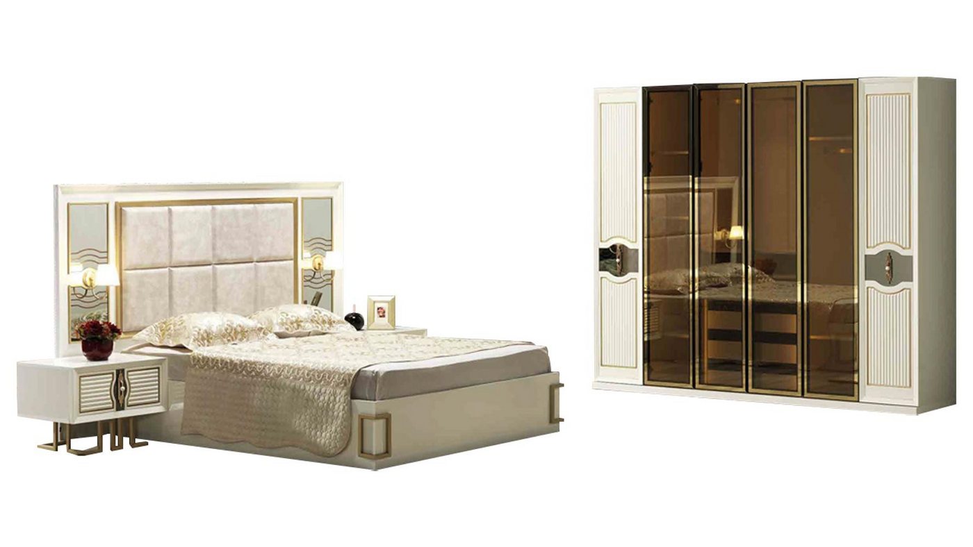 Xlmoebel Schlafzimmer-Set Designer Schlafzimmer Set in Beige mit Polsterbett, Holz-Nachttischen, (Set 4tlg Schlafzimmer (Bett + 2x Nachttische + Kleiderschrank), Hergestellt in Europa von Xlmoebel