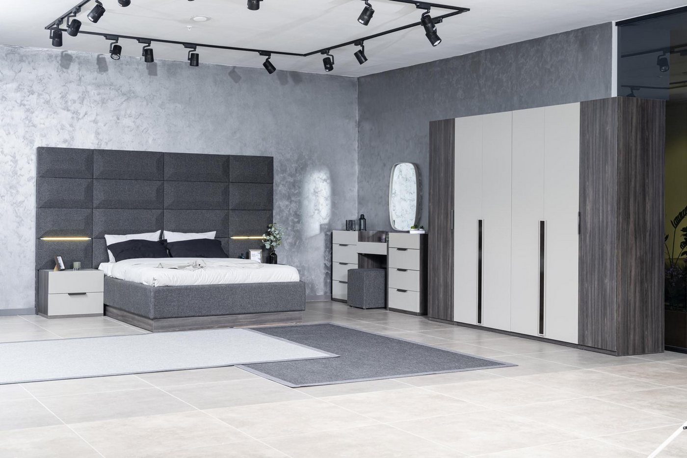 Xlmoebel Komplettschlafzimmer Graues Schlafzimmer Set Bett Schrank Nachttische Holz, (5-tlg., Bett / 2х-Nachttische / Kleiderschrank / Schminktisch mit Spiegel), Hergestellt in Europa von Xlmoebel