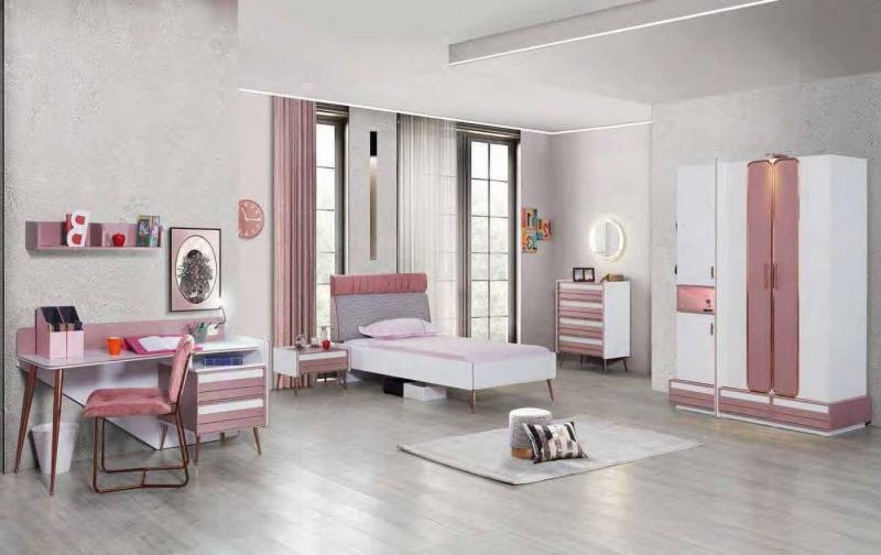 Xlmoebel Schlafzimmer-Set Komplett Jugendzimmer Set Tisch Bett Kleiderschrank Kommode 5tlg, (Bett / Nachttisch / Kleiderschrank / Schreibtisch / Kommode), Hergestellt in Europa von Xlmoebel