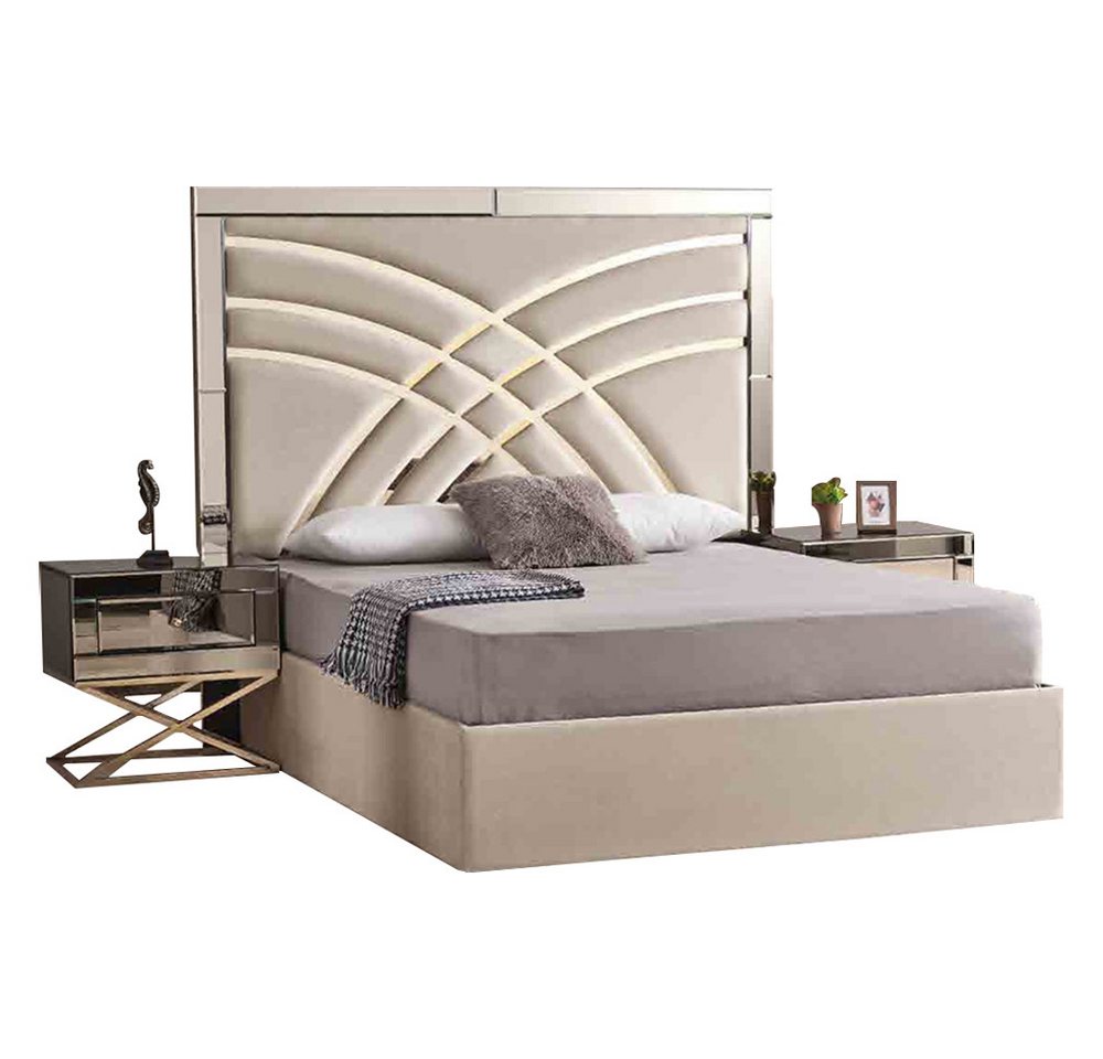 Xlmoebel Schlafzimmer-Set Luxuriöses Holz Schlafzimmermöbel-Set in Beige mit Textilbett, (Bett + 2x Nachttische), Hergestellt in Europa von Xlmoebel