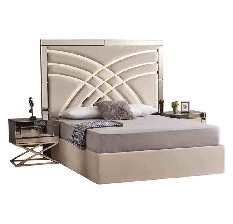 Xlmoebel Schlafzimmer-Set Luxuriöses Holz Schlafzimmermöbel-Set in Beige mit Textilbett, (Bett + 2x Nachttische), Hergestellt in Europa von Xlmoebel