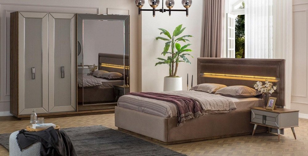 Xlmoebel Schlafzimmer-Set Moderne Schlafzimmerausstattung in Braun mit Doppelbett, (Set 4tlg Schlafzimmer (Bett + 2x Nachttische + Kleiderschrank), Hergestellt in Europa von Xlmoebel