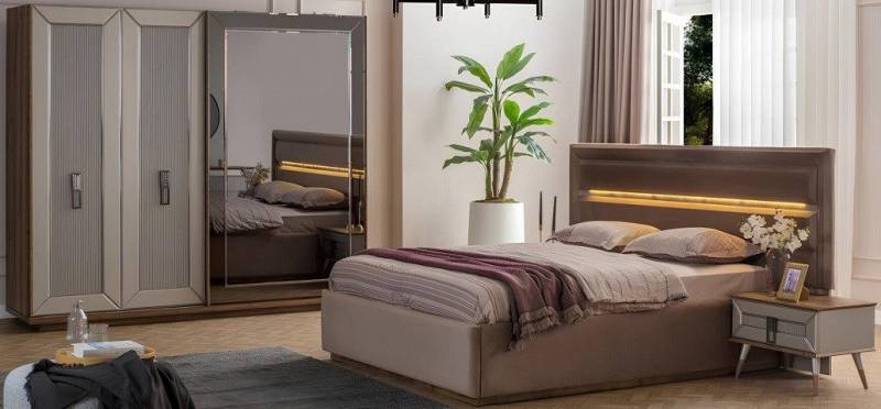 Xlmoebel Komplettschlafzimmer Moderne Schlafzimmerausstattung in Braun mit Doppelbett, (Set 4tlg Schlafzimmer (Bett + 2x Nachttische + Kleiderschrank), Hergestellt in Europa von Xlmoebel