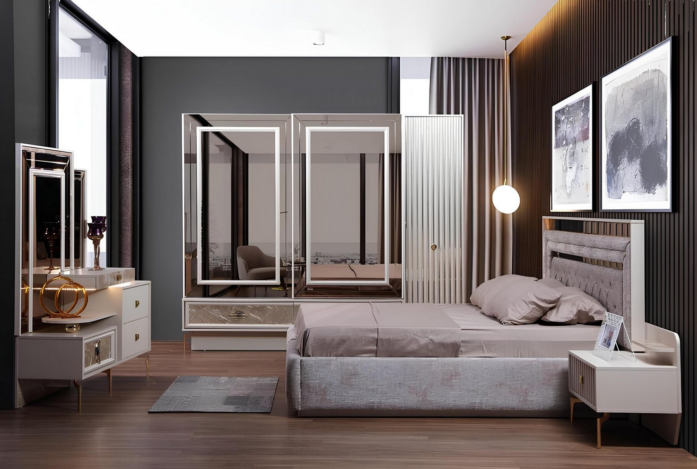Xlmoebel Schlafzimmer-Set Modernes Komplettes Schlafzimmer Set Designer Bett 2x Nachttische 5tlg, (Bett), Hergestellt in Europa von Xlmoebel