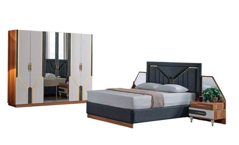 Xlmoebel Schlafzimmer-Set Schlafraum Garnitur Bett + 2 Nachttische + Wandschrank Stil Möbel, (4-tlg., 1x Bett + 2x Nachttische + 1x Kleiderschrank), Hergestellt in Europa von Xlmoebel