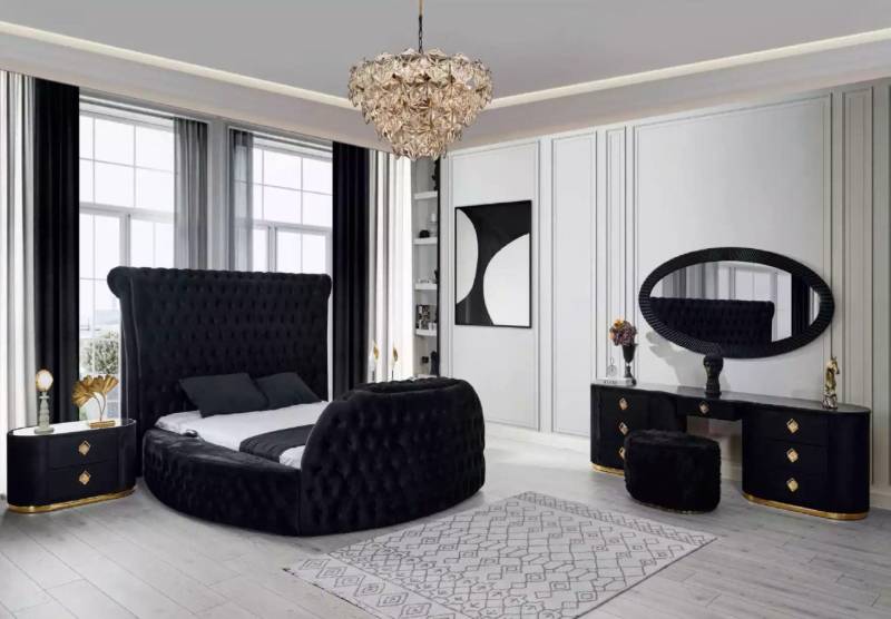Xlmoebel Schlafzimmer-Set Schlafraum dunkel Set Bett 2x Nachttische Kosmetiktisch Chesterfield, (5-tlg., Bett/2x Nachttische/Schminktisch/Spiegel), Hergestellt in Europa von Xlmoebel