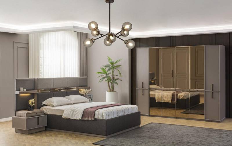 Xlmoebel Schlafzimmer-Set Schlafzimmermöbel Set mit Doppelbett Nachttischen und Schrank in Grau, (Set 4tlg Schlafzimmer (Bett + 2xNachttische + Kleiderschranke), Hergestellt in Europa von Xlmoebel
