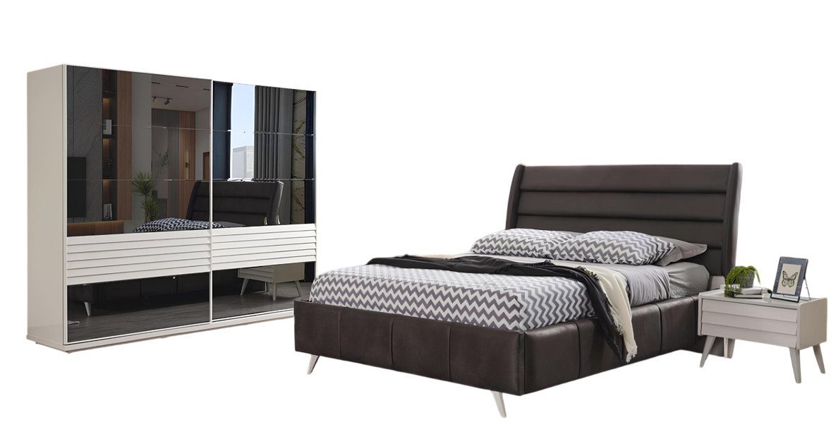 Xlmoebel Schlafzimmer-Set Schlafzimmermöbel Set mit Designer-Glasschrank, Doppelbett aus Holz, (1-tlg., 4tlg.Schlafzimmer Set (Bett + 2x Nachttische + Kleiderschrank), Hergestellt in Europa von Xlmoebel